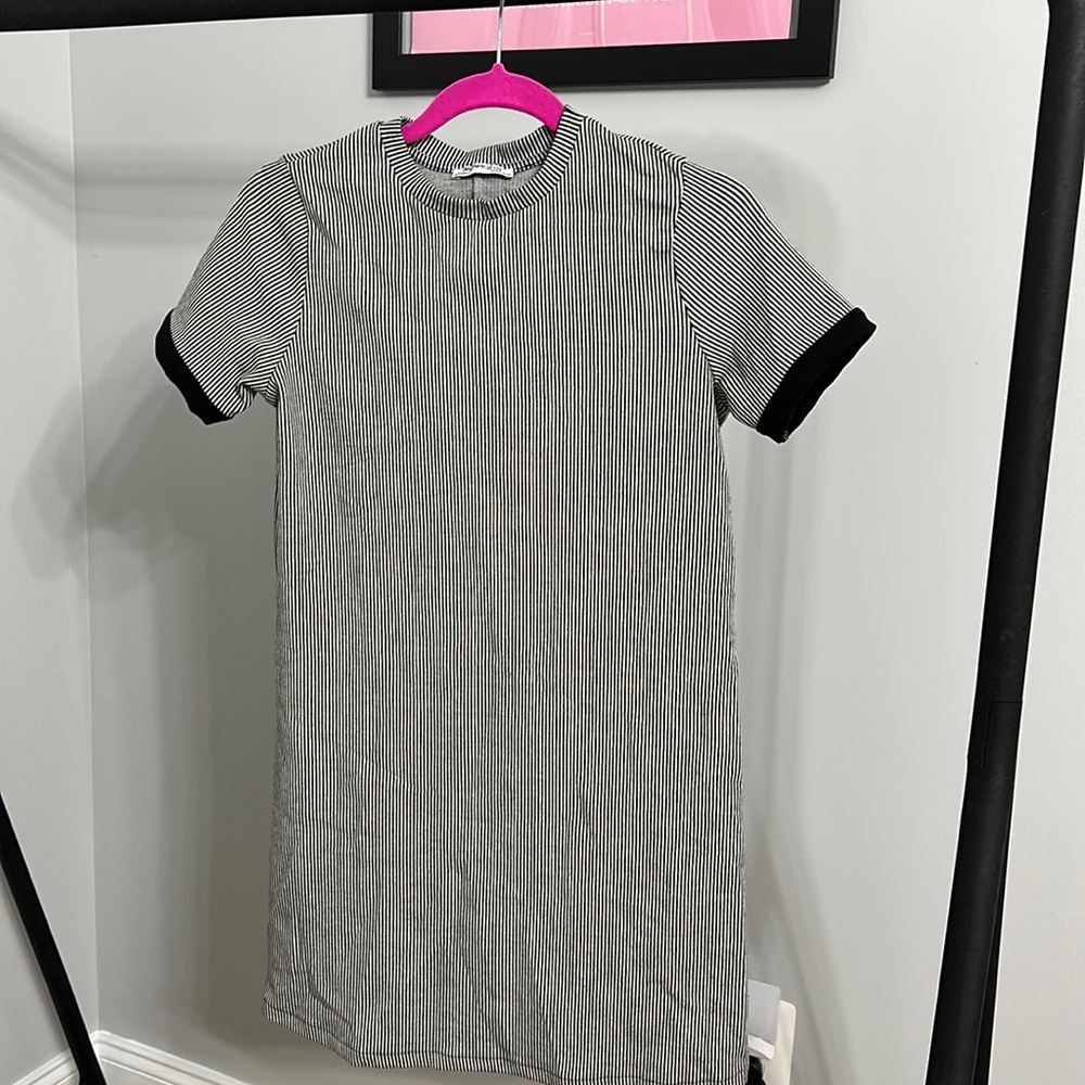 Zara Black and Grey Stripe Mini T-Shirt Dress Size Small